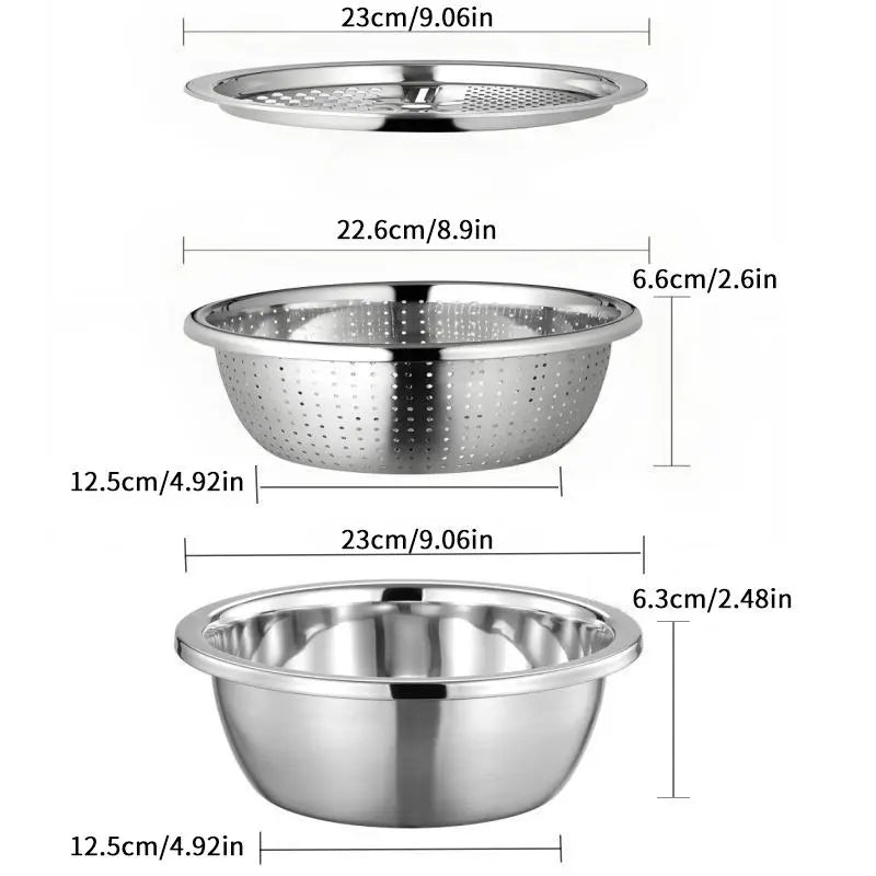 【Summer Sale Deals】3-In-1 Stainless Steel Multi-Functional Strainer Set, Includes Basin/Sieve/Cutter, Ideal for Washing Rice Fruits Vegetables Kitchen Essentials