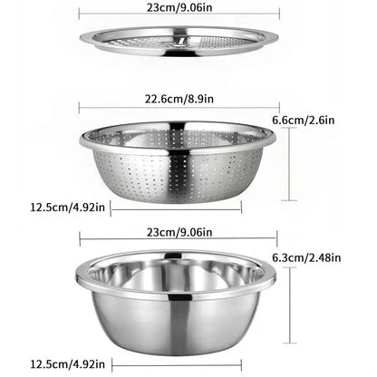 【Summer Sale Deals】3-In-1 Stainless Steel Multi-Functional Strainer Set, Includes Basin/Sieve/Cutter, Ideal for Washing Rice Fruits Vegetables Kitchen Essentials