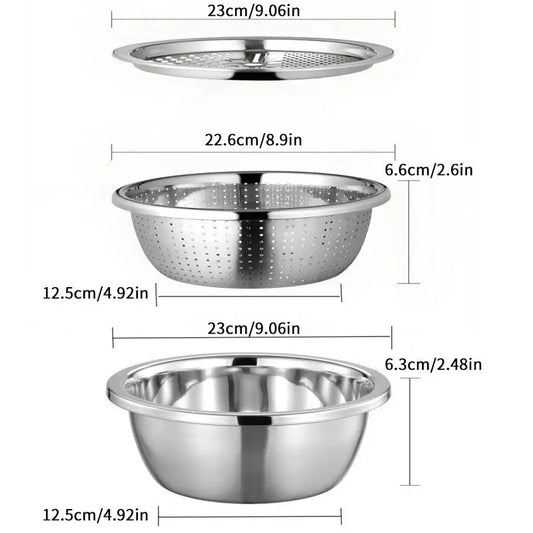 【Summer Sale Deals】3-In-1 Stainless Steel Multi-Functional Strainer Set, Includes Basin/Sieve/Cutter, Ideal for Washing Rice Fruits Vegetables Kitchen Essentials