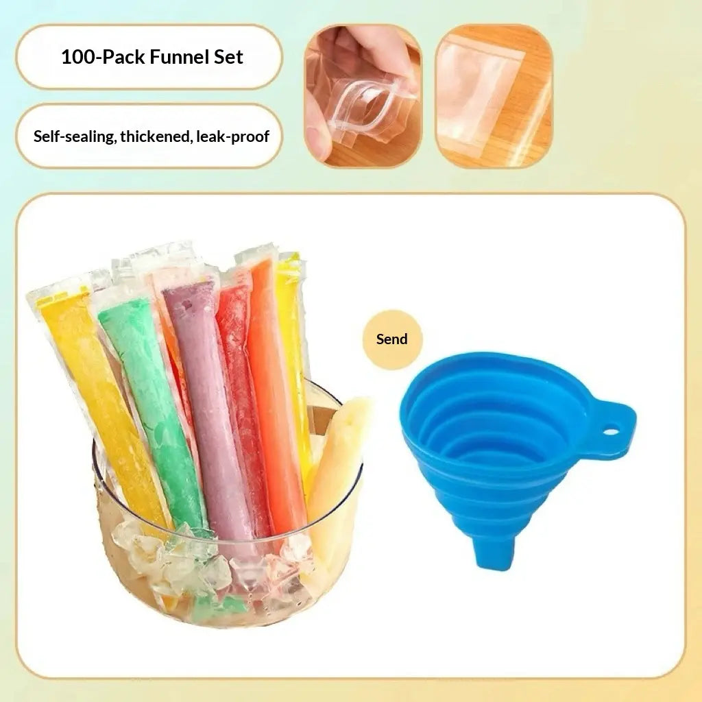 100PCS Transparent Popsicle Mold Bags - Leakproof Zip-Seal Disposable Freezer Tubes with Silicone Funnel, Kitchen Utensil for Freezing Juice, Frozen Fruit Pops Lolly & Ice Cream Moulds