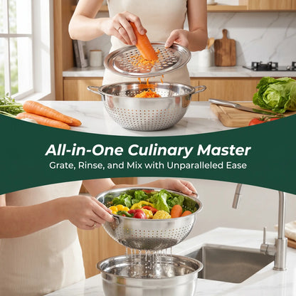 【Summer Sale Deals】3-In-1 Stainless Steel Multi-Functional Strainer Set, Includes Basin/Sieve/Cutter, Ideal for Washing Rice Fruits Vegetables Kitchen Essentials