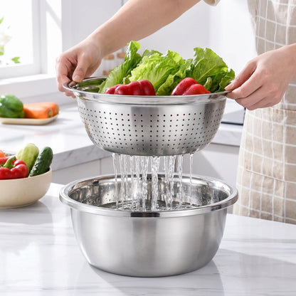 【Summer Sale Deals】3-In-1 Stainless Steel Multi-Functional Strainer Set, Includes Basin/Sieve/Cutter, Ideal for Washing Rice Fruits Vegetables Kitchen Essentials