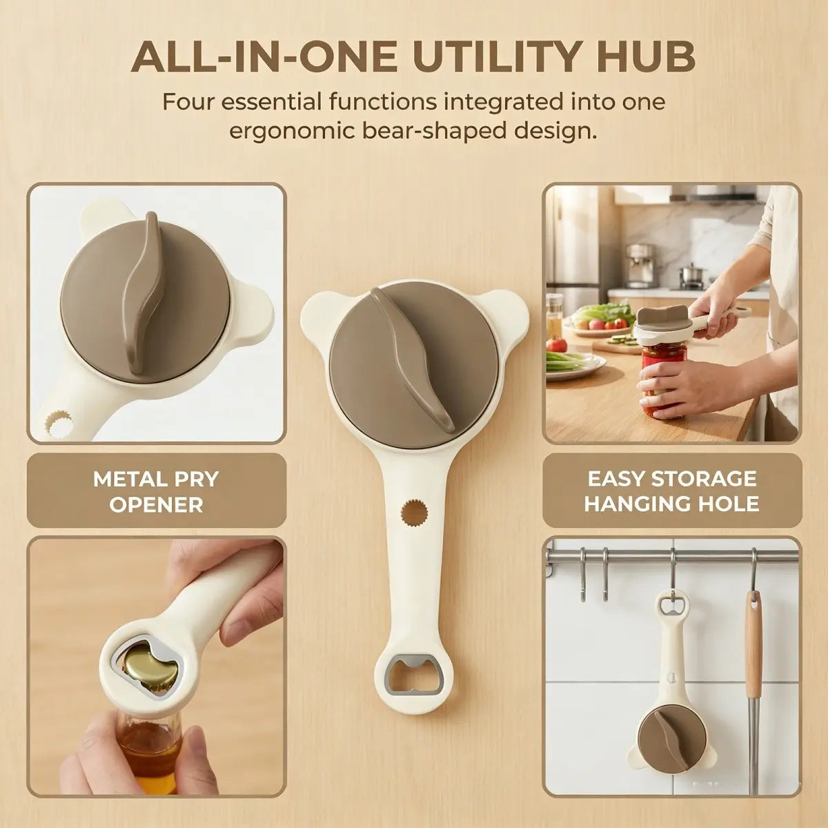 2026 New 4-In-1 Stainless Steel Jar Opener - Adjustable, Sturdy, Lightweight Kitchen Utensils Hanging Lid Remover, Bottle Opener for Seniors, Fits Jars, Bottles, Cans