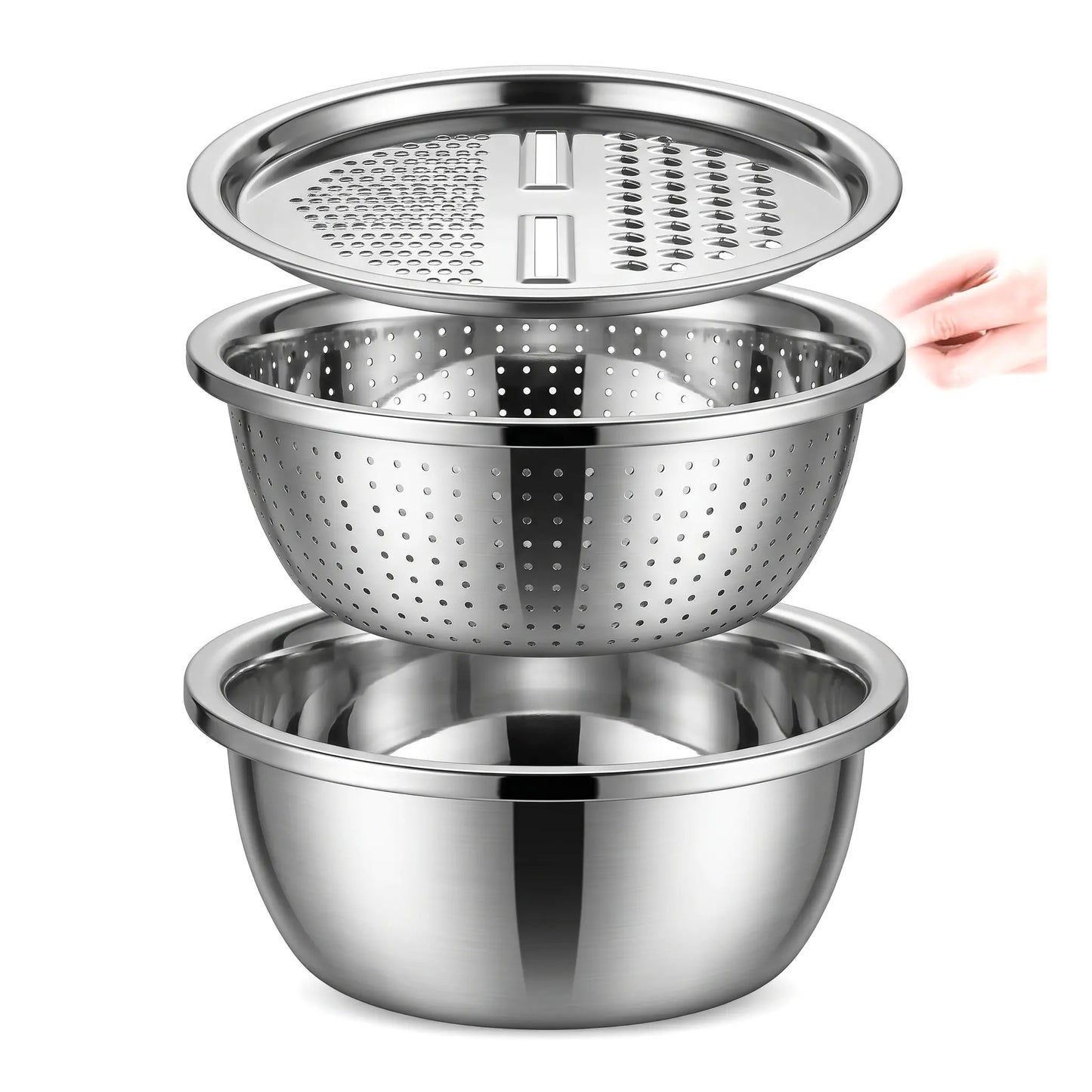 【Summer Sale Deals】3-In-1 Stainless Steel Multi-Functional Strainer Set, Includes Basin/Sieve/Cutter, Ideal for Washing Rice Fruits Vegetables Kitchen Essentials