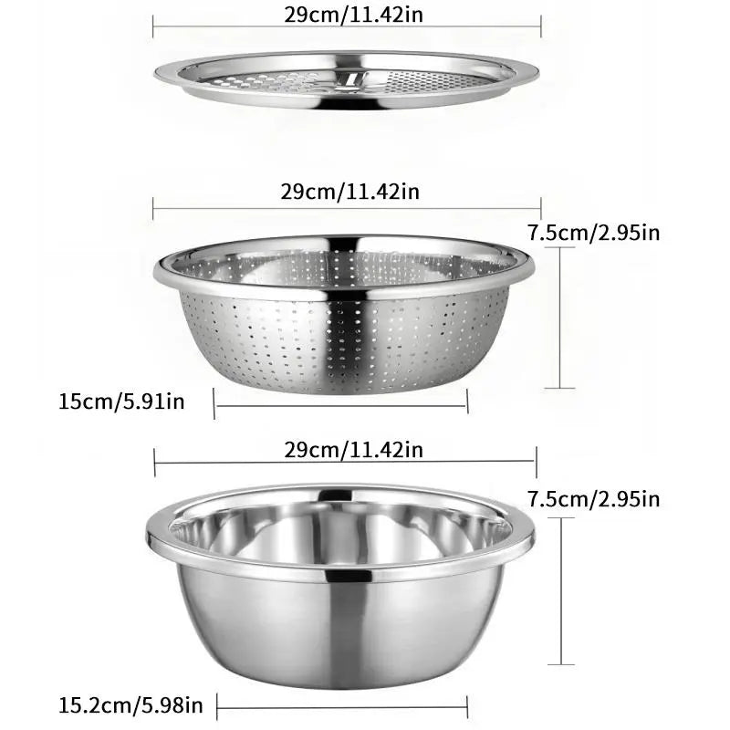 【Summer Sale Deals】3-In-1 Stainless Steel Multi-Functional Strainer Set, Includes Basin/Sieve/Cutter, Ideal for Washing Rice Fruits Vegetables Kitchen Essentials