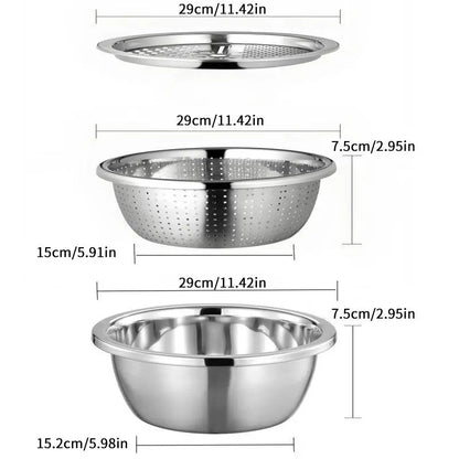 【Summer Sale Deals】3-In-1 Stainless Steel Multi-Functional Strainer Set, Includes Basin/Sieve/Cutter, Ideal for Washing Rice Fruits Vegetables Kitchen Essentials