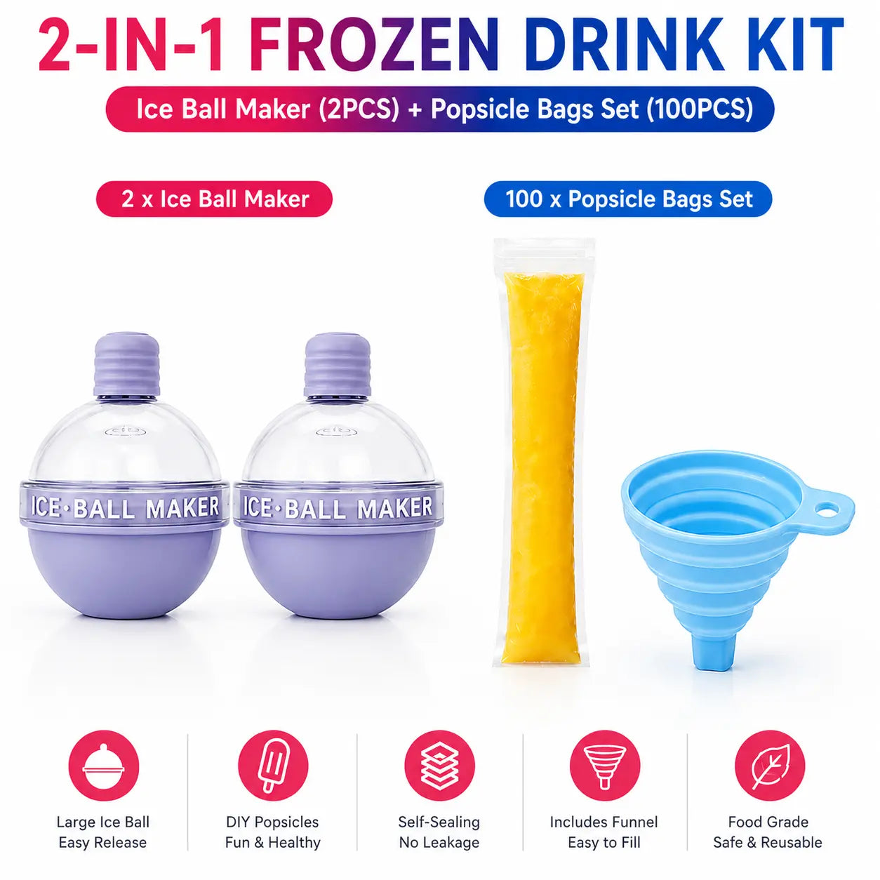 100PCS Transparent Popsicle Mold Bags - Leakproof Zip-Seal Disposable Freezer Tubes with Silicone Funnel, Kitchen Utensil for Freezing Juice, Frozen Fruit Pops Lolly & Ice Cream Moulds