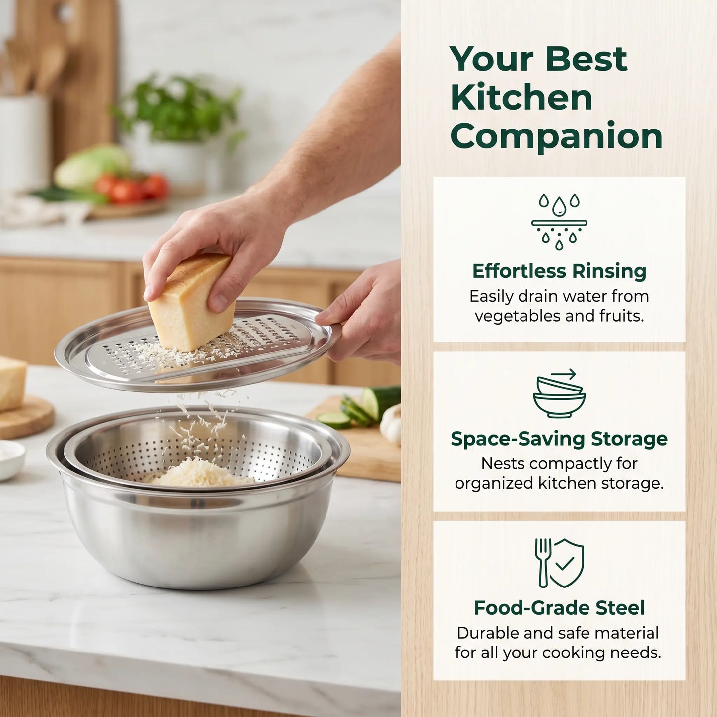 【Summer Sale Deals】3-In-1 Stainless Steel Multi-Functional Strainer Set, Includes Basin/Sieve/Cutter, Ideal for Washing Rice Fruits Vegetables Kitchen Essentials