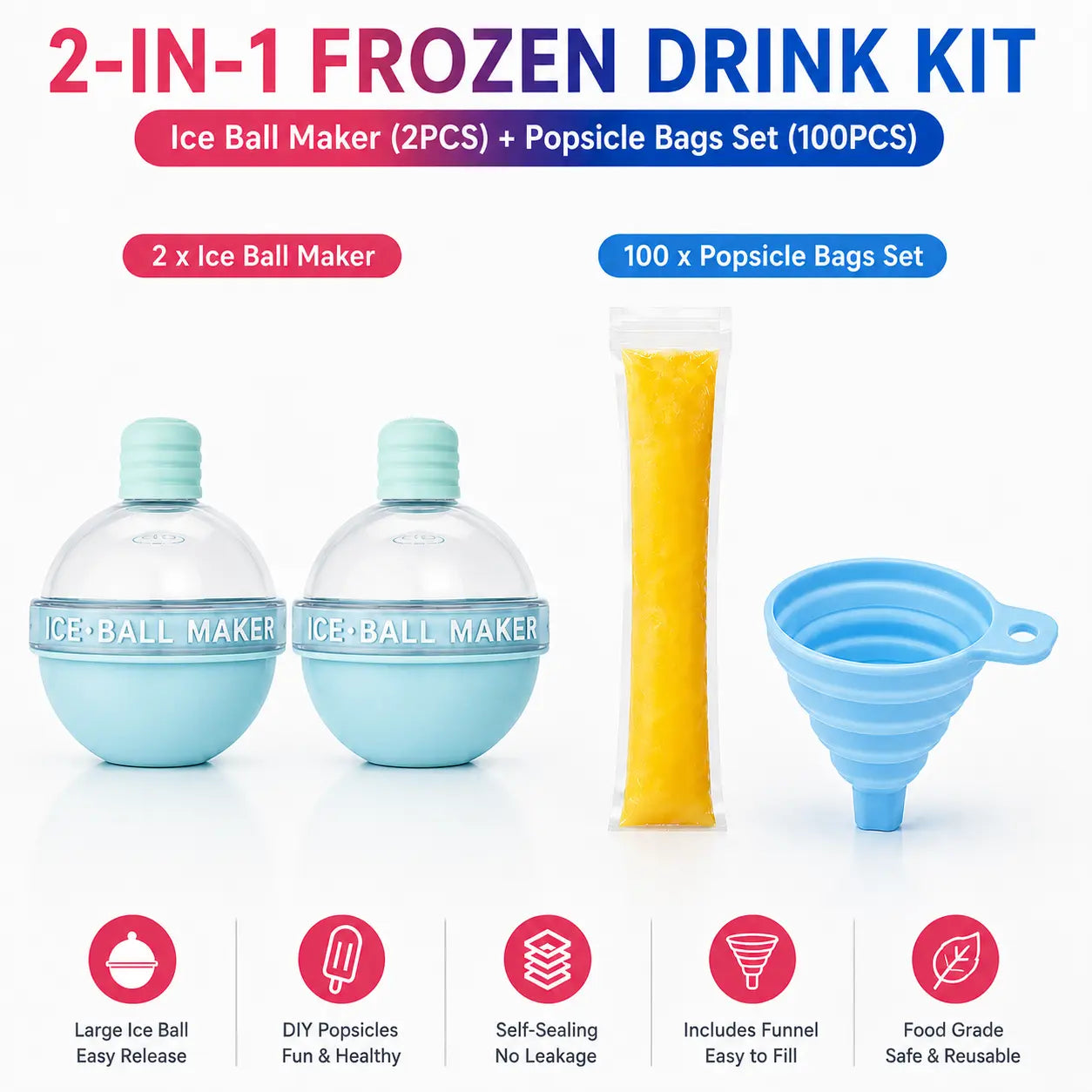 100PCS Transparent Popsicle Mold Bags - Leakproof Zip-Seal Disposable Freezer Tubes with Silicone Funnel, Kitchen Utensil for Freezing Juice, Frozen Fruit Pops Lolly & Ice Cream Moulds