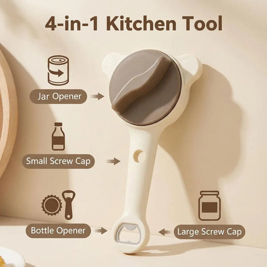 2026 New 4-In-1 Stainless Steel Jar Opener - Adjustable, Sturdy, Lightweight Kitchen Utensils Hanging Lid Remover, Bottle Opener for Seniors, Fits Jars, Bottles, Cans